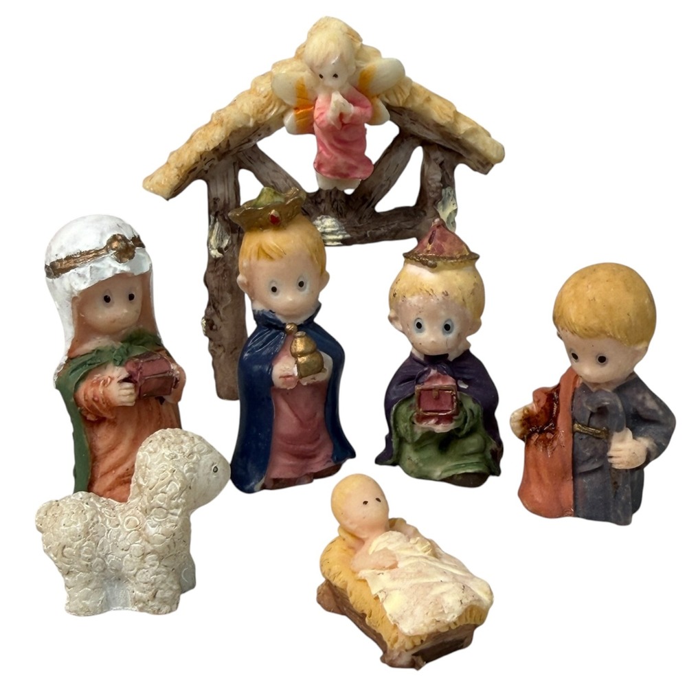 Vintage Miniature Nativity Set of 8 Piece Resin Manger Scene Christmas Decor